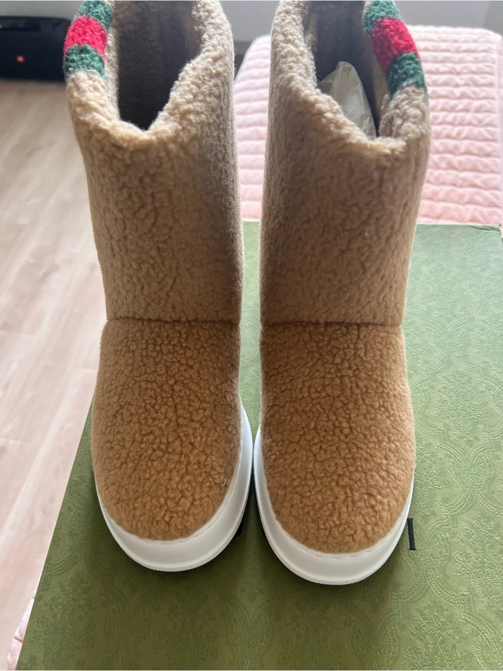 Gucci Tan Shearling Boot with Red & Green Stripe and Yellow Logo.